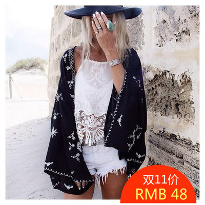 春夏波西米亚度假民族风刺绣蕾丝开衫和服防晒衫披肩短外套女上衣