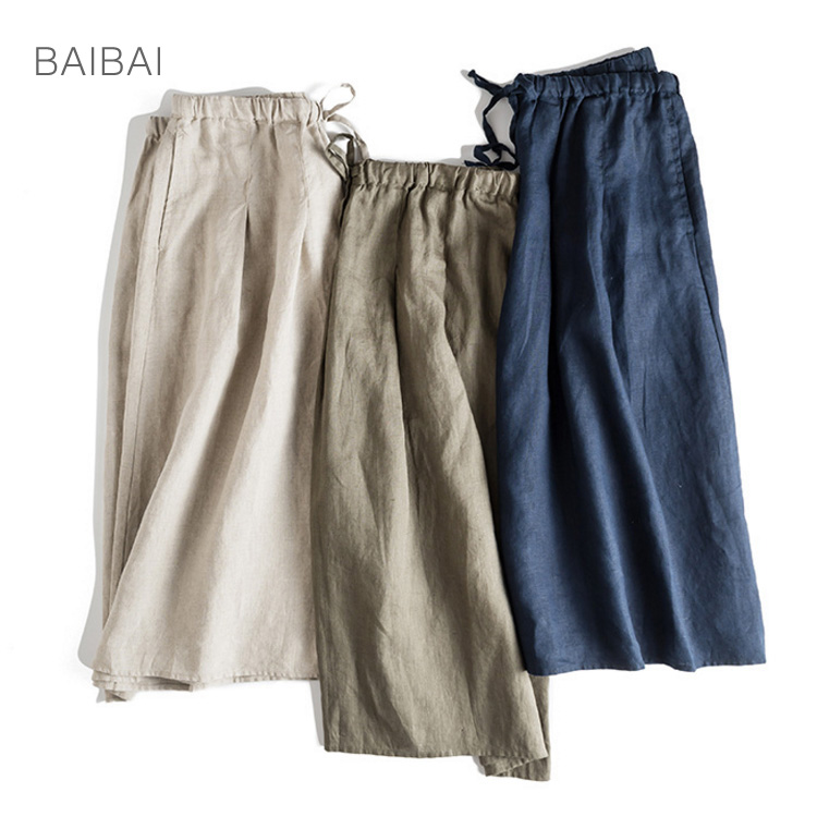 baibai 抽带打褶文艺范休闲舒适纯亚麻半身裙中裙女3色|ruв категории Женская одежда, юбка - от Buy2taobao.com для оказания профессиональной услуги покупки агента Taobao