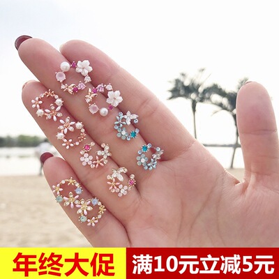 韩国小清新花朵耳钉女款简约花环耳环花瓣耳饰纯银针甜美百搭饰品