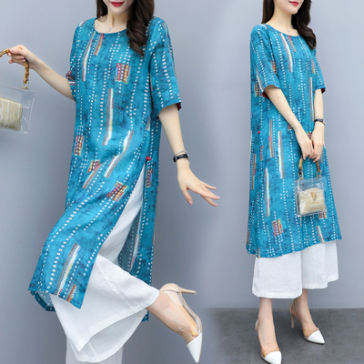 2019新款女装夏季大码两件套裤雪纺上衣棉麻阔腿裤休闲时尚套装女