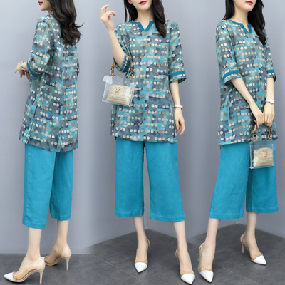 2019新款女装夏季大码两件套裤波点上衣雪纺阔腿裤休闲时尚套装女