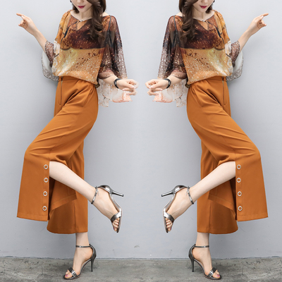 2018夏季新款女装气质两件套宽松雪纺上衣时尚九分阔腿裤洋气套装