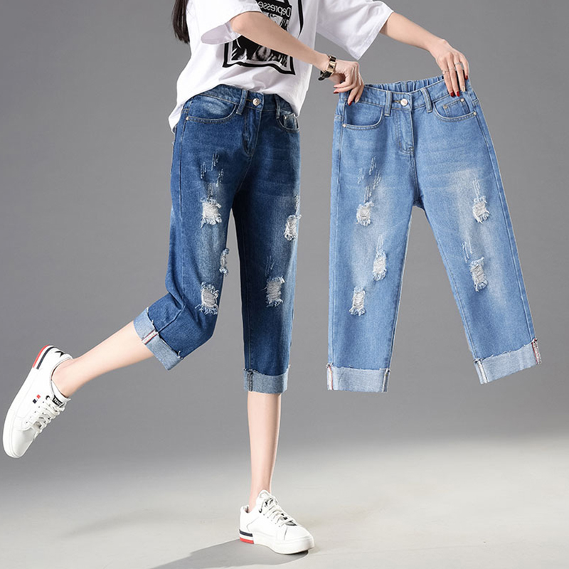 Crop 2019 new pattern hole Paige Elastic force Large Curling Show thin Autumn Nine points Straight pantsin the Women's clothing/Boutique , Jeans category - from Buy2taobao.com to provide professional Taobao agent buy service