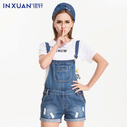 银轩韩版破洞2016夏新品背带牛仔裤短裤女背