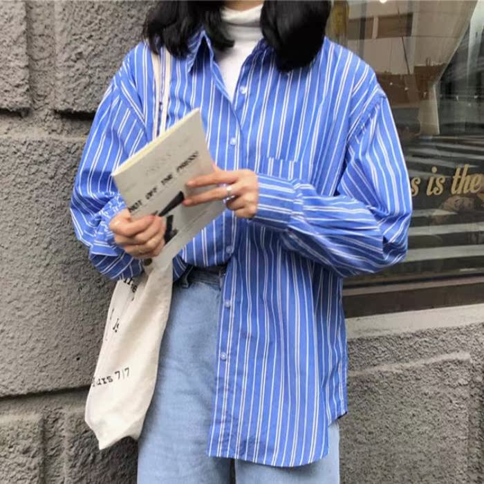 香港潮牌韩版百搭条纹衬衫女2019春季新款宽松学生长袖衬衣F在类目 女装/女士精品, 衬衫中 - 来自Buy2taobao.com提供专业的淘宝代购服务