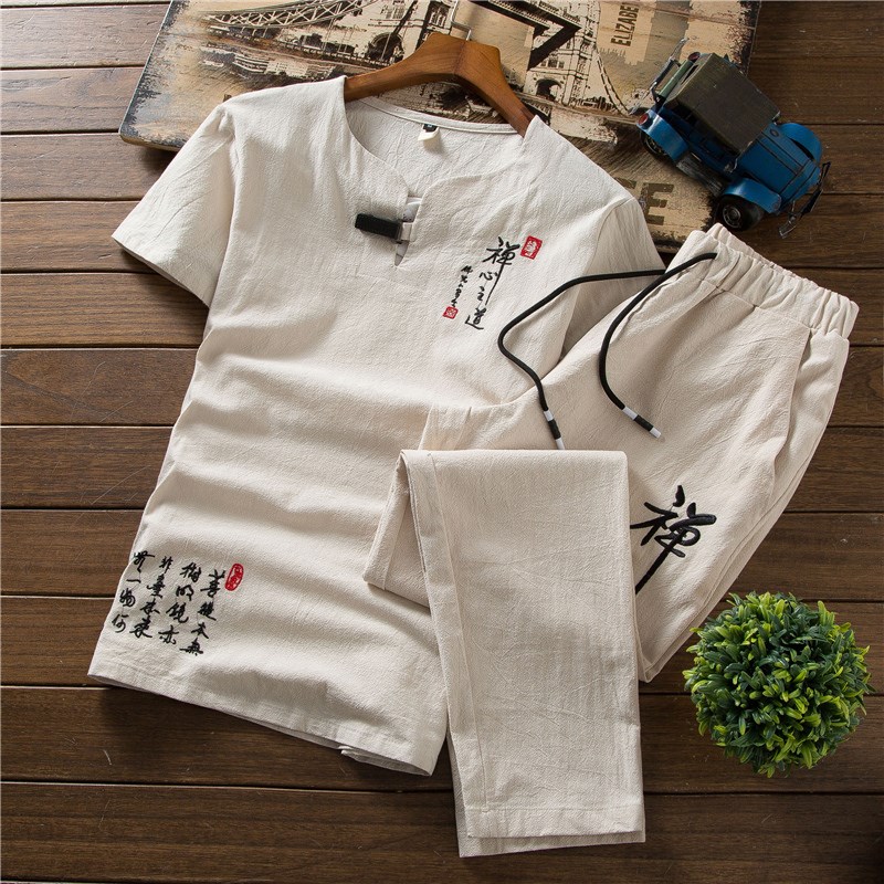 Chinese style summer Men's Flax suit Cotton and hemp Short sleeved Hanfu Embroidery Zen Tang costume National Costumein the Men's clothing, T-shirt category - from Buy2taobao.com to provide professional Taobao agent buy service