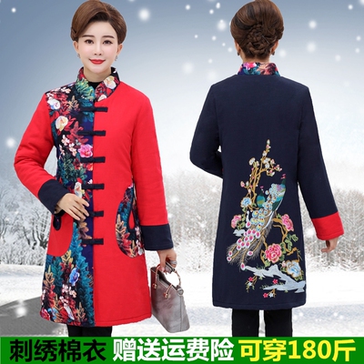 中老年女装加肥加大码民族风妈妈冬装中长款棉服中年冬季棉衣外套