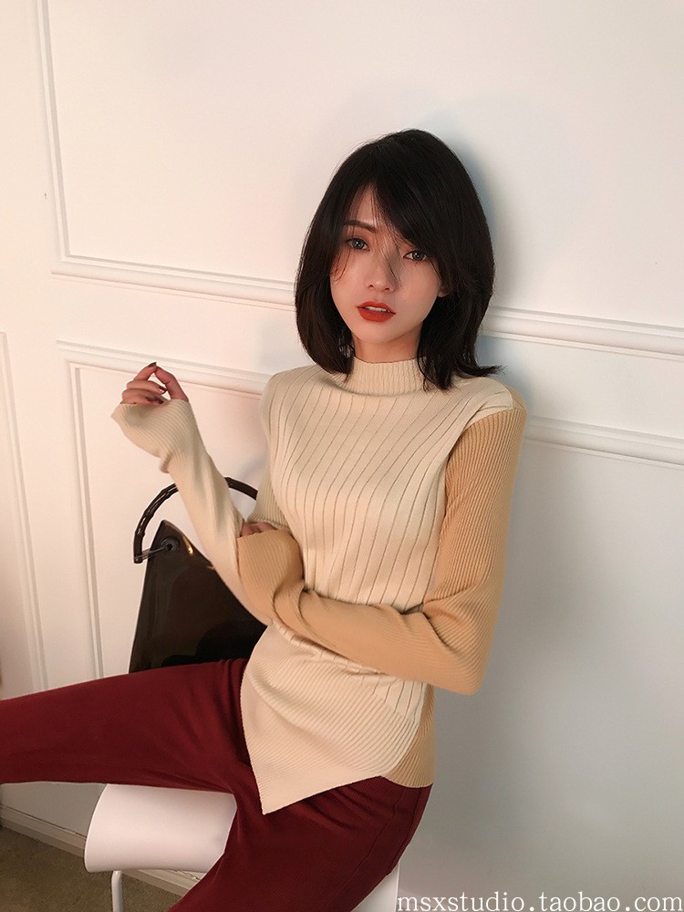 MXU独家定制半高领修身打底衫女2018秋冬新款设计感拼色针织上衣在类目 女装/女士精品, 毛针织衫中 - 来自Buy2taobao.com提供专业的淘宝代购服务