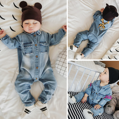 新生婴幼儿0-1岁半宝宝爬服 2017春秋新款婴童哈衣印花牛仔连体衣