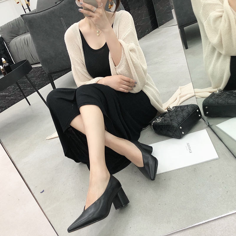 Korean Edition Autumn With crude Single shoes 2018 new pattern Tip genuine leather Shallow mouth Middle heel Versatile Retro brown High-heeled shoesin the Women's Shoes, Low shoes category - from Buy2taobao.com to provide professional Taobao agent buy service