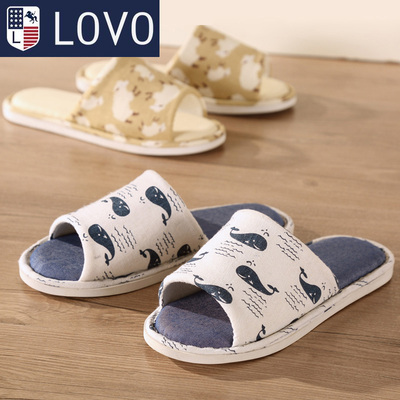 lovo家纺罗莱生活出品防滑可爱懒人拖鞋亚麻印花开口拖JTX82