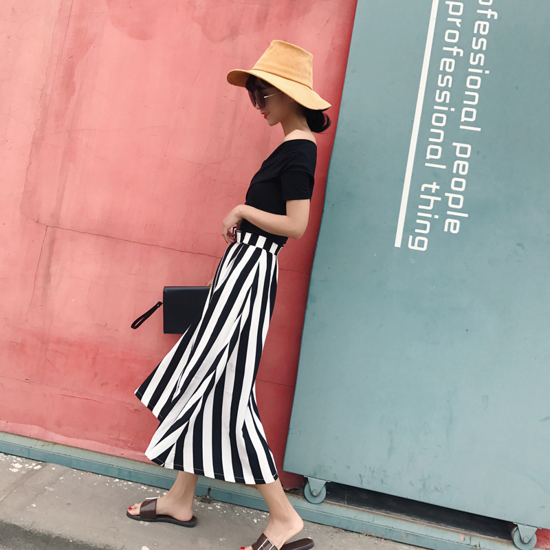 black and white Vertical stripe Harbor Wind Retro Mid length version Paige Overknee Chiffon skirt Off Shoulder suit Two piece setin the Women's clothing/Boutique , Skirts category - from Buy2taobao.com to provide professional Taobao agent buy service