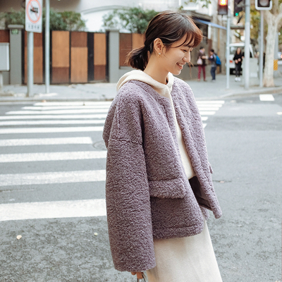 哈果超人 羊羔毛外套女冬皮毛一体短款落肩毛茸茸上衣chic宽松