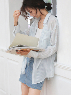 哈果自制 韩范休闲长袖衬衣上衣 透视防晒衫条纹衬衫夏季女小清新