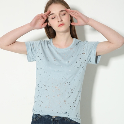 【清仓】WEIR/镂空透视棉宽松T恤基本打底折边短袖破洞短袖T