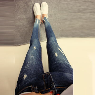 韩国女装新款弹力紧身全棉九分牛仔裤女显瘦时尚磨破洞小脚裤潮