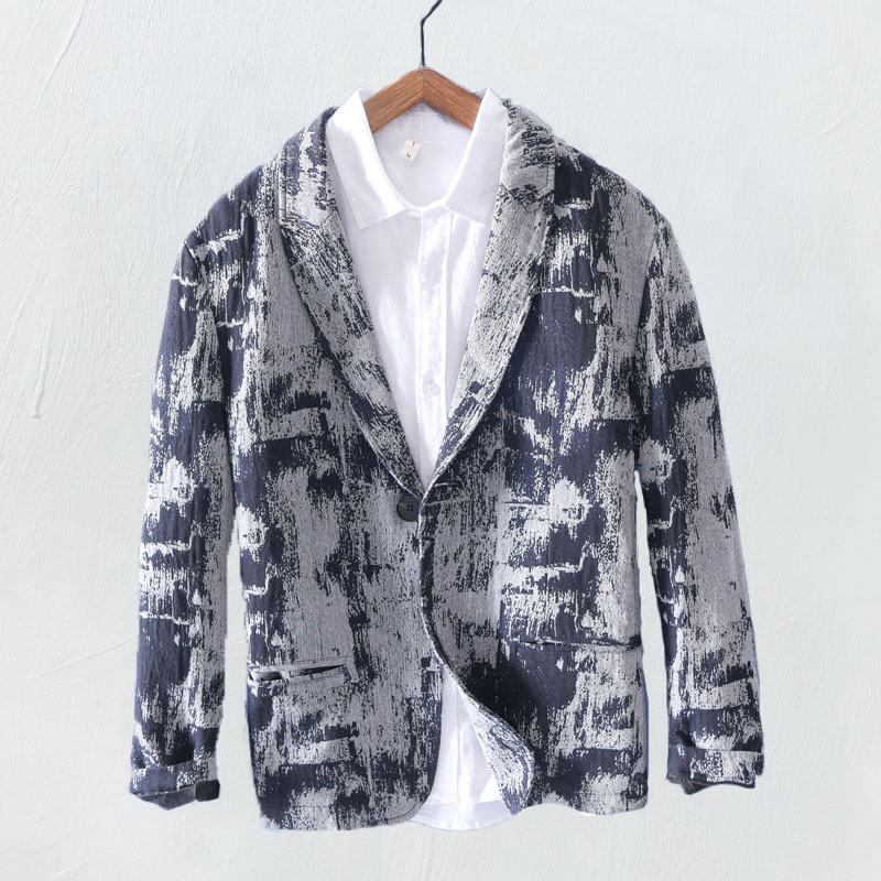 日系复古休闲亚麻小西服男士薄款泼墨花色青年宽松棉麻西装外套潮在类目 男装, 西服中 - 来自Buy2taobao.com提供专业的淘宝代购服务