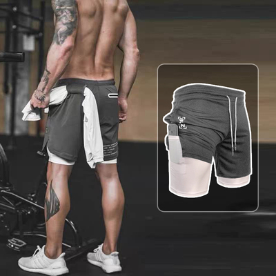 健身短裤男运动假两件速干跑步双层弹力紧身五分裤足球篮球训练裤