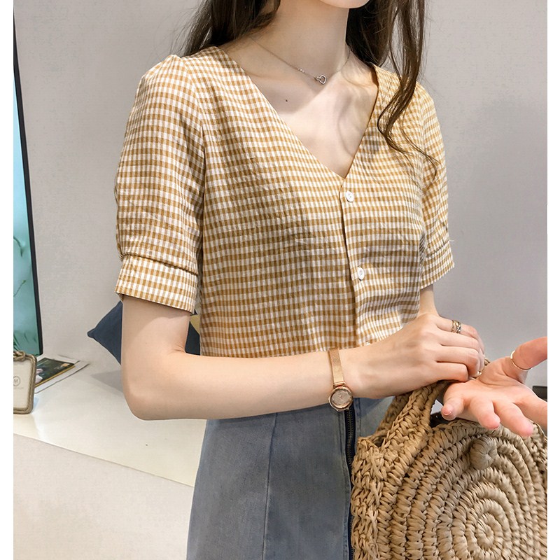 summer new pattern XL Show thin Short sleeved T-shirt shirt Easy Base coat mmV Collar checked jacket 200 Jinin the Women's clothing/Boutique , Large size women category - from Buy2taobao.com to provide professional Taobao agent buy service