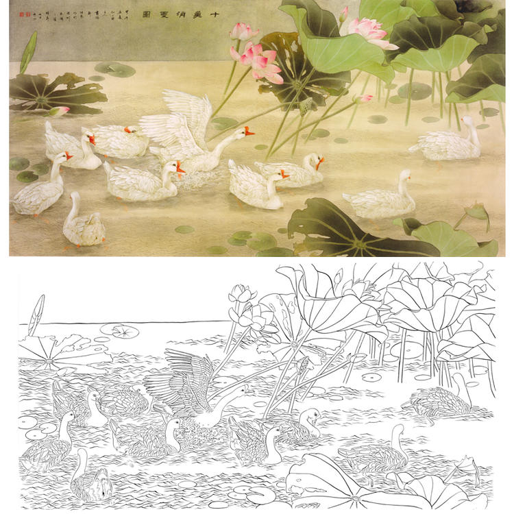 A025邹传安工笔花鸟白描底稿线描稿荷塘白鹅十美消夏图打印版|ruв категории Домашний быт, декоративная живопись, китайская живопись - от Buy2taobao.com для оказания профессиональной услуги покупки агента Taobao