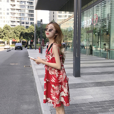 韩版女装中长款红色小碎花连衣裙2019夏新款小清新一字肩吊带裙子