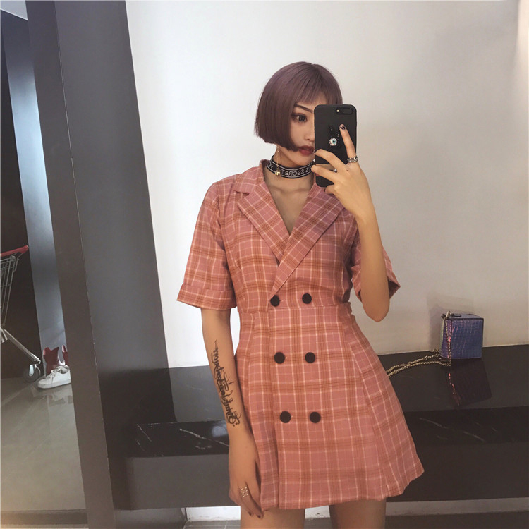 2019 summer Retro lattice Double-breasted Show thin Short sleeved Dress student shirt have cash less than that is registered in the accountsin the Women's clothing/Boutique , Dress category - from Buy2taobao.com to provide professional Taobao agent buy service