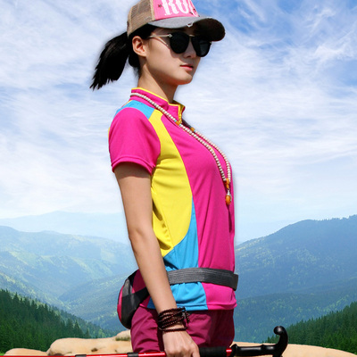 户外登山旅游女士拼薄款色速干衣T恤女短袖立领运动透气修身大码