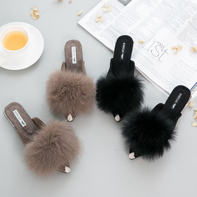 女鞋秋季2017新款韩版百搭毛毛鞋女拖鞋外穿尖头休闲平底一字拖