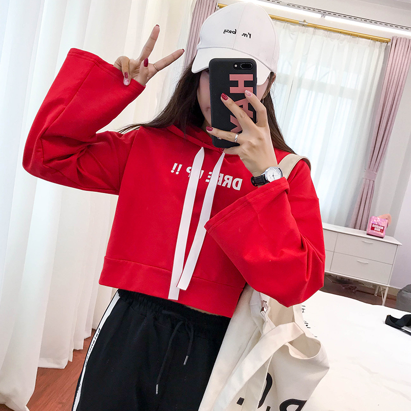 高腰紅色衛衣女套頭連帽 薄款漏肚臍長袖上衣小個子短款外套秋天在類目 女裝/女士精品, 衛衣/絨衫中 - 來自Buy2taobao.com提供專業的淘寶代購服務