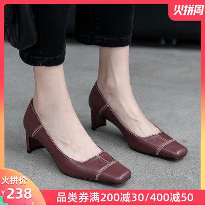 韩版秋复古方头vintage法式少女粗跟高跟优雅酒红色单鞋显瘦赫本