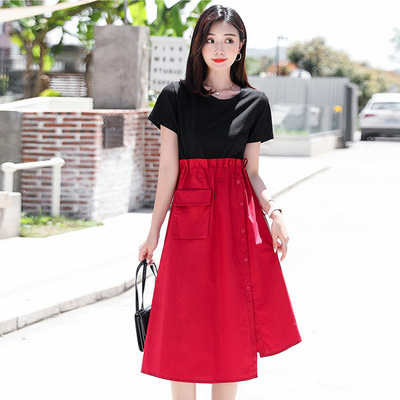 酷伽简约夏季复古新款圆领假两件优雅抽绳收腰拼色连衣裙2093