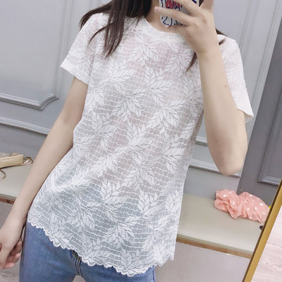 酷伽洋气小衫气质圆领修身仙气蕾丝夏季新款上衣女1752