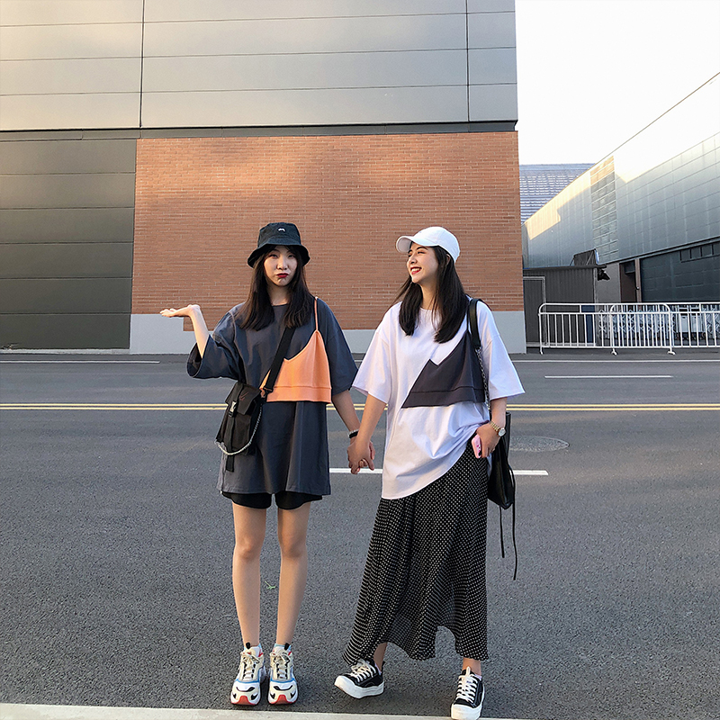 李潇洒 胖mm设计款撞色吊带拼接T恤女装夏季大码宽松遮肉短袖上衣|ruв категории Женская одежда, футболка - от Buy2taobao.com для оказания профессиональной услуги покупки агента Taobao