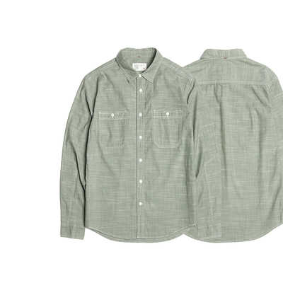 特惠高品质浅草绿色春秋纯棉竹节双袋工装休闲长袖衬衫复古男衬衣