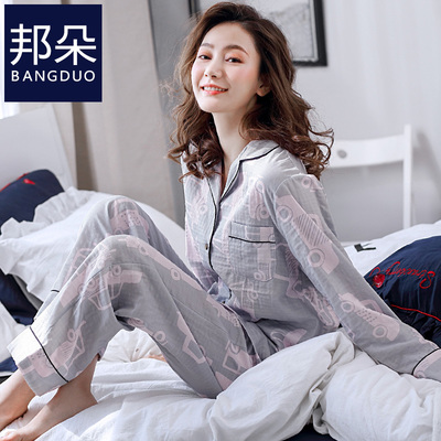 梭织棉纱布睡衣女春秋款长袖纯棉薄款秋冬全棉宽松大码秋季家居服