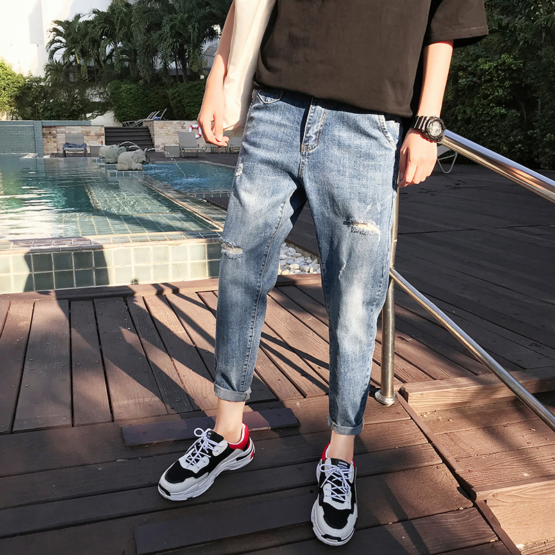 summer Elastic force Ninth pants Self cultivation Pencil Pants Leisure 9 Korean Edition hole Jeans Trend handsomein the Men's clothing, Jeans category - from Buy2taobao.com to provide professional Taobao agent buy service