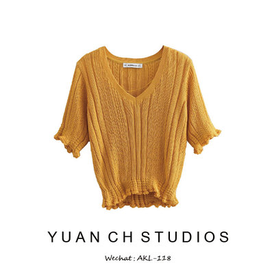 核桃家 欧美风2019春季新款女装弹力针织上衣V领修身显瘦漏脐短袖