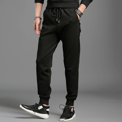 秋冬季纯色加绒加厚男装修身款男士运动裤束口收脚哈伦裤长裤男裤