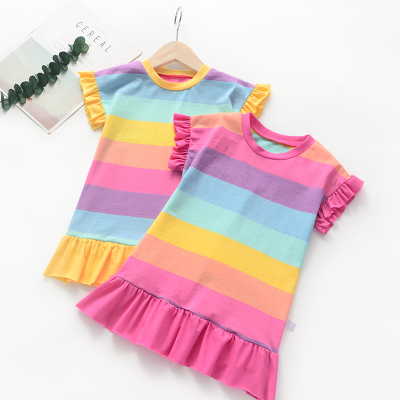 女童夏装连衣裙2019新款韩版宝宝彩虹条纹中长款上衣裙衫飞袖裙子
