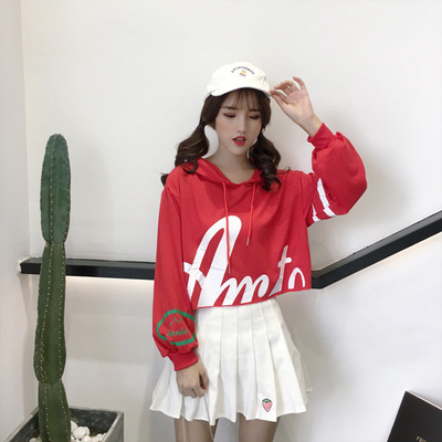 春装女装2018新款韩版字母印花连帽套头卫衣露肚脐百搭学生上衣潮