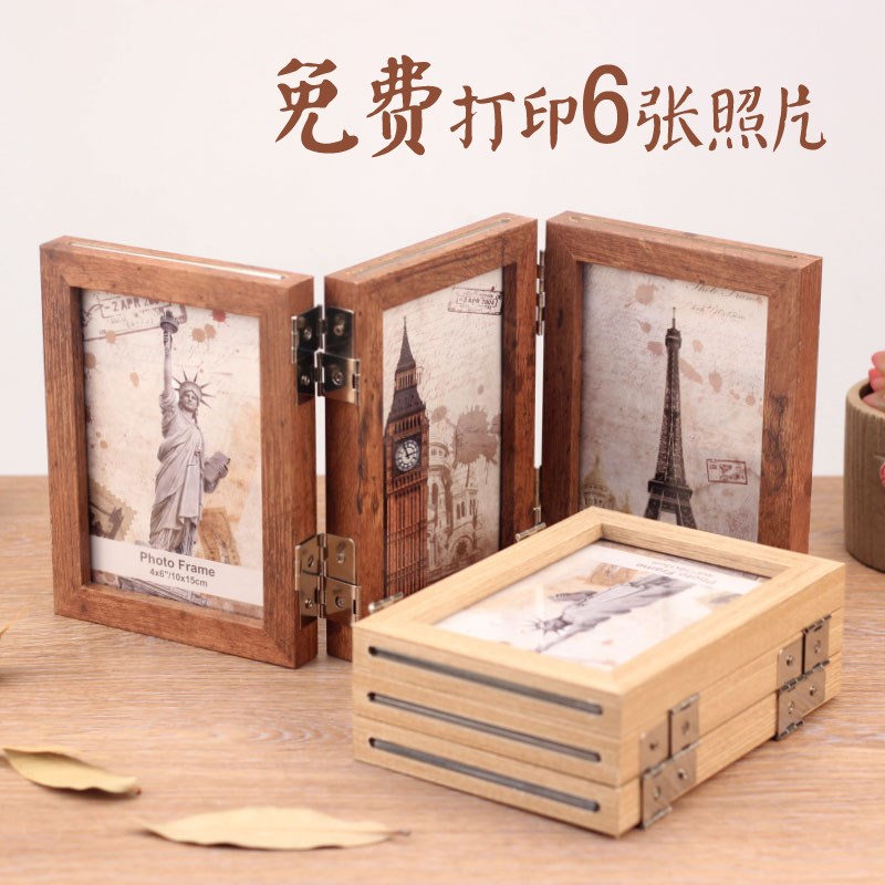 创意三折6寸7七寸六双面相框摆台复古木质照片框连体组合相架像框|msdalam kategori Aksesori rumah, photo Frame/Frame - dari Buy2taobao.com untuk memberikan perkhidmatan ejen Taobao profesional membeli