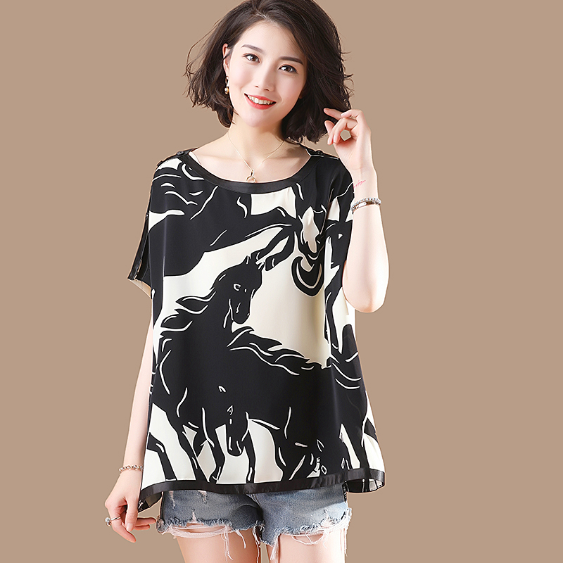Neck Wawa Shan 2019 new pattern Short sleeved Cover the belly jacket Easy Large Long Western style Korean Edition Chiffon shirtin the Women's clothing/Boutique , Lace shirt/Chiffon shirt category - from Buy2taobao.com to provide professional Taobao agent buy service
