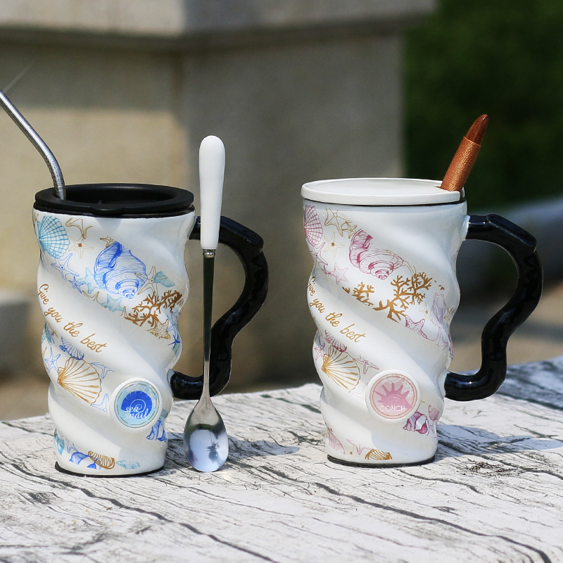 个性海螺大容量陶瓷杯带盖勺咖啡杯带吸管情侣马克杯家用水杯子|msdalam kategori pinggan mangkuk, Cup/cawan/cerek, Mug - dari Buy2taobao.com untuk memberikan perkhidmatan ejen Taobao profesional membeli