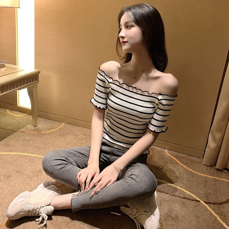 2019 Spring and summer new pattern Sweater Short sleeved strapless stripe have cash less than that is registered in the accounts Base coat Word collar Wood ear jacketin the Lingerie/Men's underwear/Tracksuit , Underwear Accessories category - from Buy2taobao.com to provide professional Taobao agent buy service