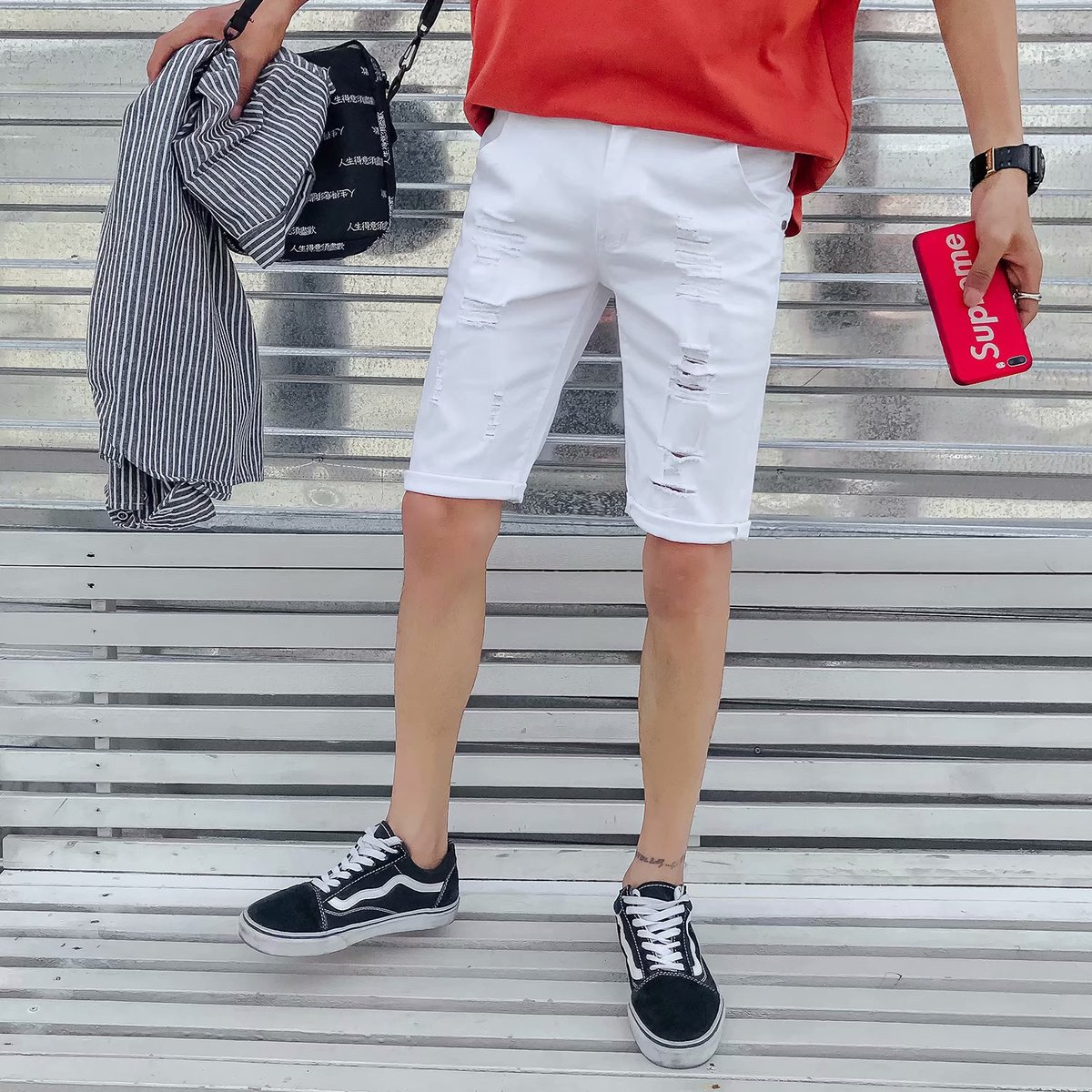 夏季薄款破洞牛仔短裤男白色修身五分裤青少年韩版潮弹力5分中裤|ruв категории Мужская одежда, джинсы - от Buy2taobao.com для оказания профессиональной услуги покупки агента Taobao
