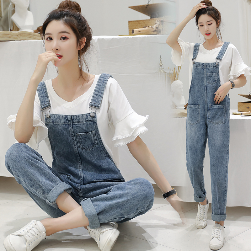 pregnant woman fashion suit cowboy rompers 2019 Summer wear new pattern Korean Edition Easy Ninth pants Flared sleeve jacketin the Maternity/Maternal supplies/Nutrition , Maternity Pants/Prop belly pants, Pregnant Bib category - from Buy2taobao.com to provide professional Taobao agent buy service