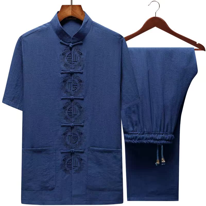 Flax Tang costume Short sleeved summer Cotton and hemp suit grandpa the elderly clothes Middle-aged and elderly people Chinese style Chinese style men's wearin the Men's clothing, National costume category - from Buy2taobao.com to provide professional Taobao agent buy service