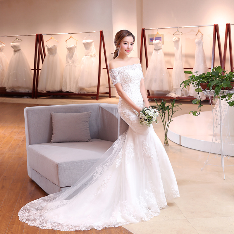 夏季婚纱礼服新娘拖尾2019新款一字肩鱼尾婚纱小袖修身简约|msdalam kategori Butik wanita / wanita, perkahwinan/Cheongsam/pakaian, perkahwinan - dari Buy2taobao.com untuk memberikan perkhidmatan ejen Taobao profesional membeli
