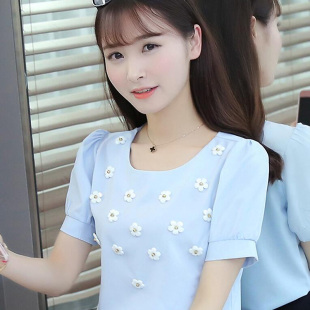 雪纺衫女夏季2016新款韩版半袖女装T恤蕾丝小衫衬衣百搭短袖上衣