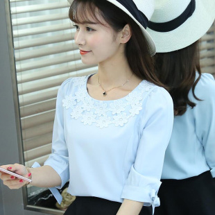 雪纺衫女2016夏季装新款长袖衬衫白色蕾丝t恤上衣百搭短袖打底衫